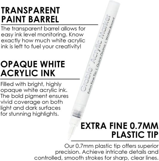Grabie Black & White Extra Fine Tip Acrylic Paint Marker Set, 6 Pack, 0.7mm Acrylic Paint Pens for Highlights and Fine Details on Drawings, Rock Painting Glass Canvas Wood, White Highlight Markers