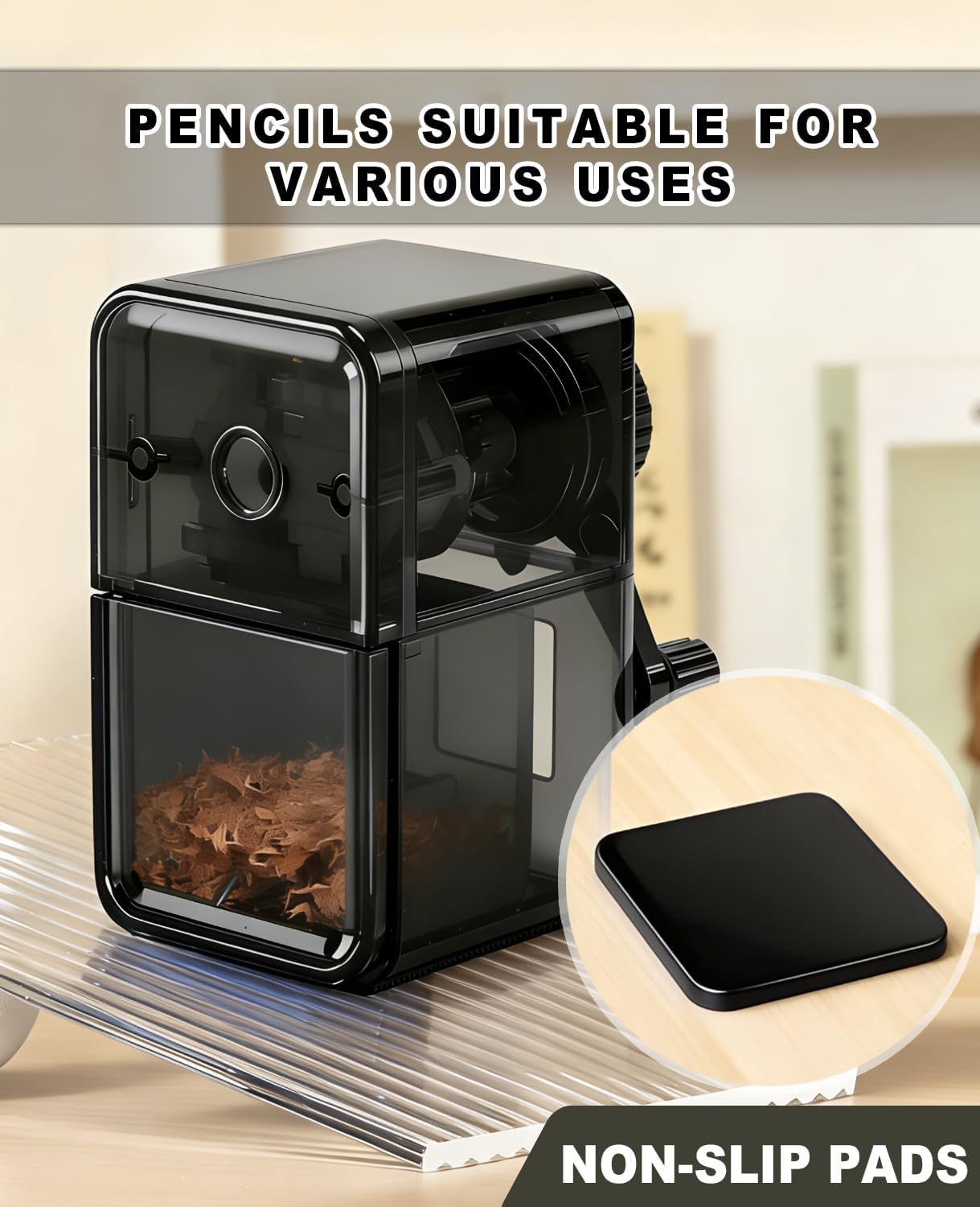 Pencil Sharpener Manual Black 5 Thickness Adjustable & Self-Feed Hand Crank Desktop Portable Pencil Sharpener for 6.5-8mm Pencil Nibs Classroom Home and Office Artists