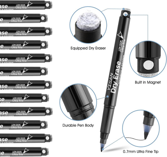 YISAN Dry Erase Markers Ultra Fine Tip,0.7mm Extra Fine Point, Magnetic Whiteboard Markers with Eraser,Assorted Colors,Low Odor,12 Count,70566