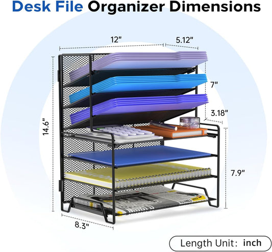 7 Tier Desk File Organizer Metal Mesh Paper Sorter Letter Tray Desktop Organizer for Home Study Office and Workspace, Black
