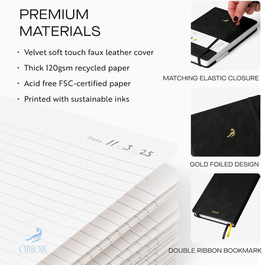Oriole Vegan Leather Ruled Notebook - Chestnut Brown | 176 Pages of Thick Lined Paper | Soft Touch Hardcover Journal (5 x 8 in) with Gold Foil Bird Design & Luxury Gift Box