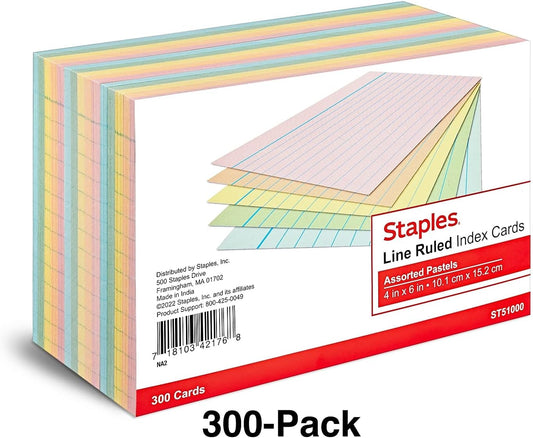 Staples Index Cards, 4" x 6", Lined, Assorted Pastel Colors, 300 Pack – Color‑Coded Ruled Cards for Studying & Organization