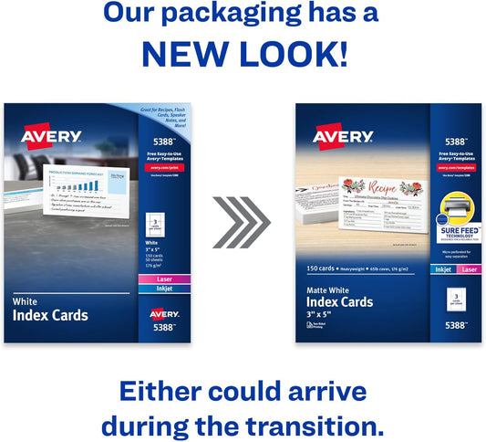 Avery Printable Index Cards, Sure Feed Technology, 3" x 5", Matte White, Laser & Inkjet Compatible, 150 Blank Cards Total, Great for Product Branding, Marketing, and More (5388)