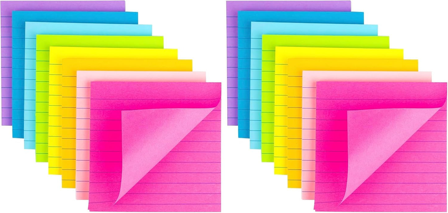 (8 Pack) Lined Sticky Notes 4x4 Bright Stickies Colorful Super Sticking Power Memo Pads, 8 Colors, Strong Adhesive