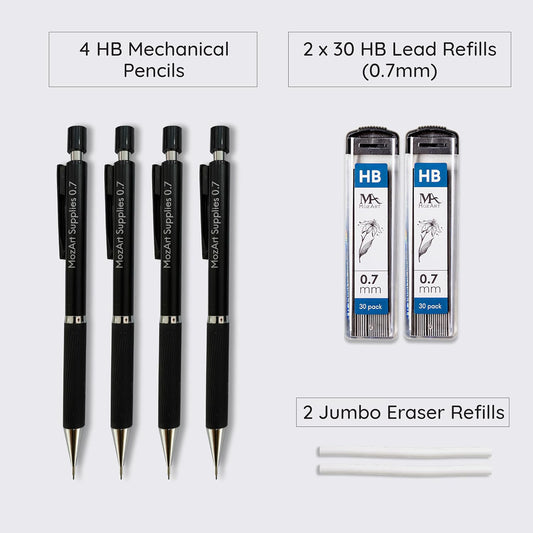 Mozart Essential Set of Lead Refills - 4 Sizes: 0.3, 0.5, 0.7 & 0.9 mm with 100 HB Lead Refills for Each - for Sketch, Architecture, Drafting, Art, Drawing Supplies, Metal Mechanical Pencils