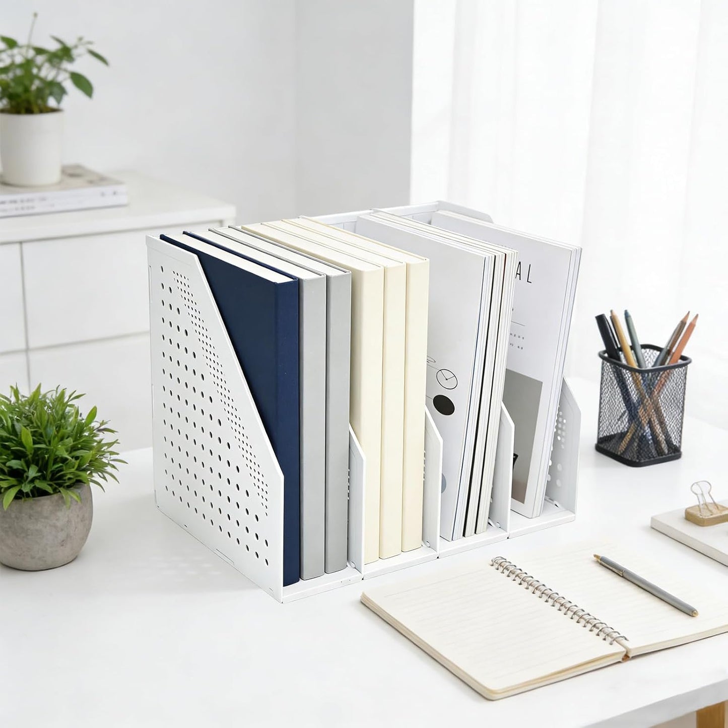 SAYEEC 1Pcs Collapsible Plastic Magazine File Holder Vertical Binder Storage Organizer for Desk Sturdy Upright Desktop Magazine Organizer Folder Rack for Office School Home (3 Compartments, Gray)