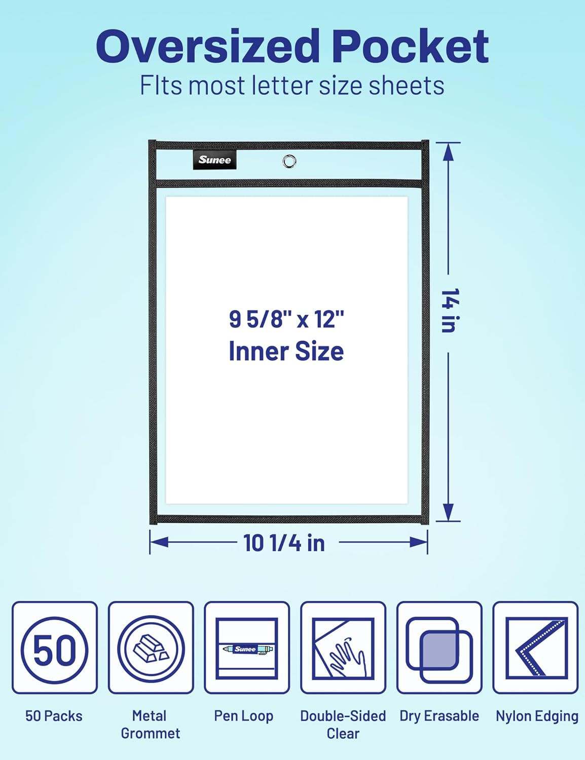 SUNEE 30 Packs Oversized Reusable Dry Erase Pocket Sleeves with 2 Rings, Black 10x14 Ticket Holders, Clear Plastic Sheet Protectors, Teacher School Classroom Supplies