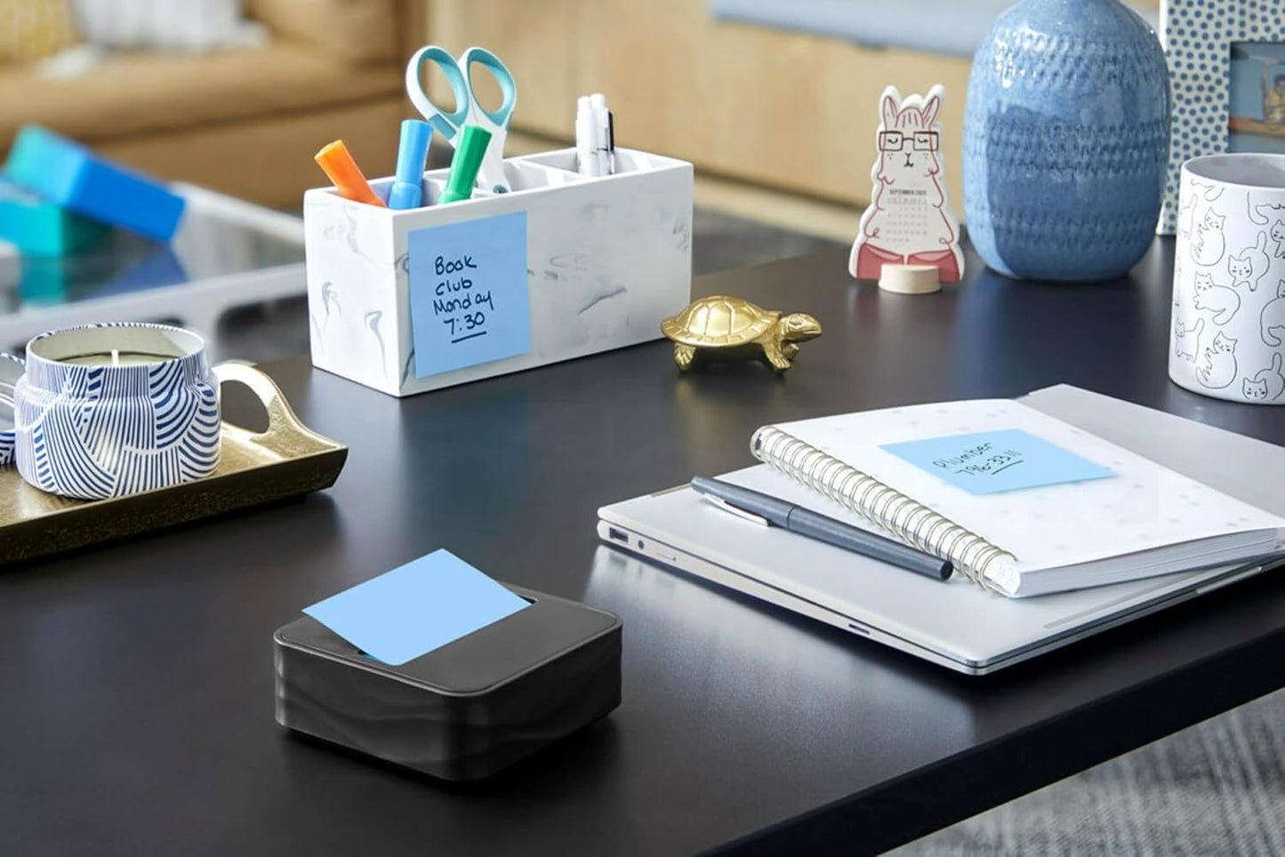 Post-it Note Dispenser, Sticky Note Holder, Black Wave Design, Includes 3 Pads of 90 Sheets of 3 in x 3 in Pop-Up Notes, Classroom or Office Supplies