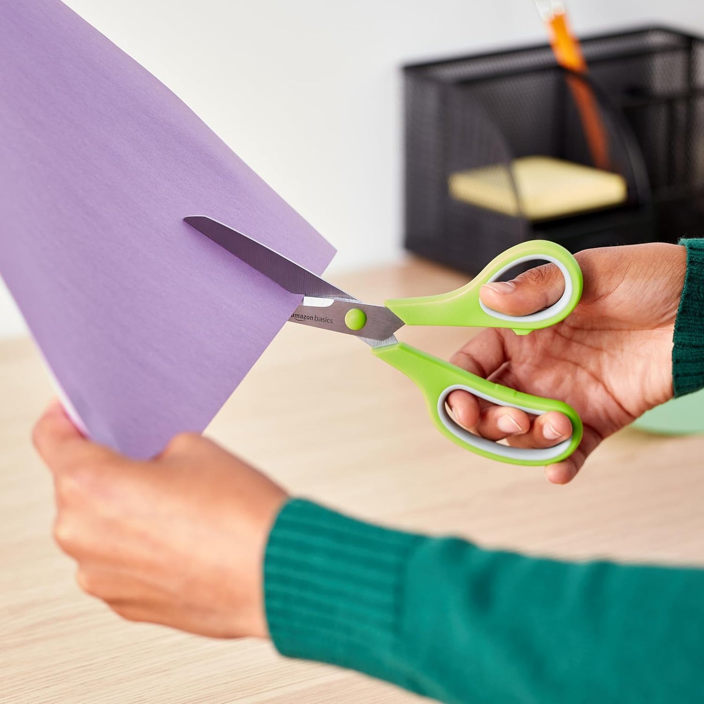 Amazon Basics Multipurpose Stainless Steel Scissors for Office, Crafts, Paper Cutting, Fabric Cutting, Right/Left Handed, Comfort Grip, PVD Coated, 2-Pack, Green and Grey