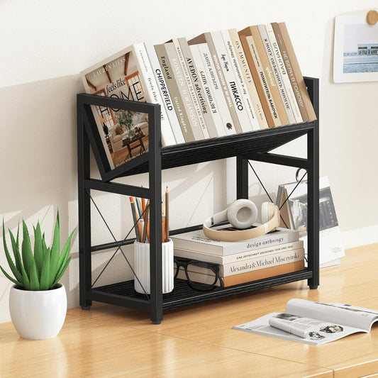 ELITEROO Desktop Bookshelf, 2 Tier Desk Shelf Organizer, Wooden Tabletop Bookcase, Small Desk Top Book Rack for Office, Home, Bedroom, Small Space Storage and Display, Rustic Brown
