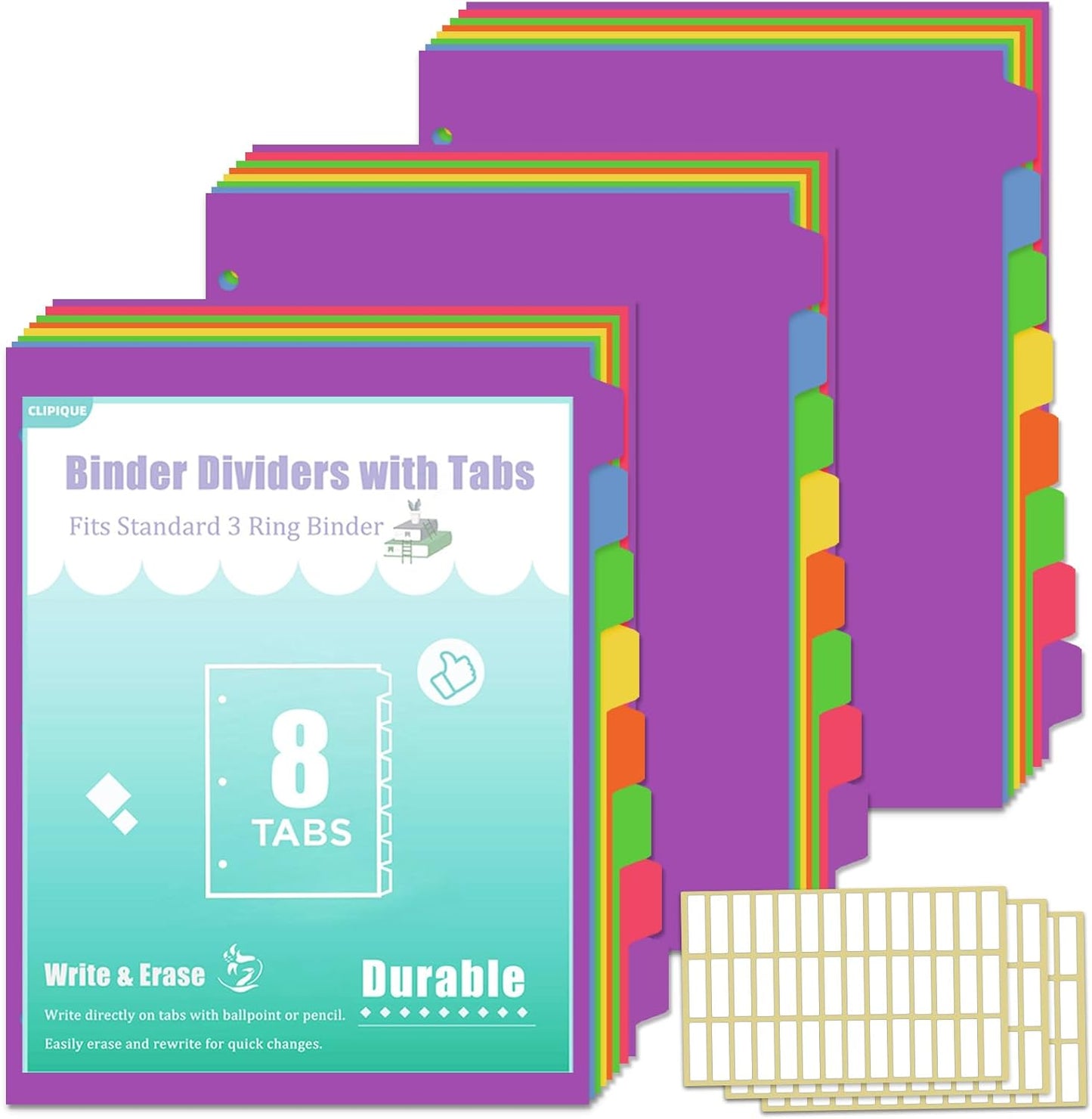 3 Ring Binder Dividers with Tabs - 5-Tab Plastic Dividers for 8.5x11 Binders, Reusable Write & Erase Tabbed Dividers | Rainbow Color 3 Sets, School Classroom Organizer