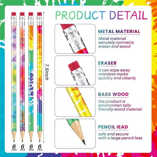 Epakh 48 Pieces Tie Dye Pencils Bulk Fun Rainbow Cool Neon Colorful Decorative Wood Pencils with Eraser Top for Summer Tie Dye Party Decoration Home Office Sketching and Learning Activities