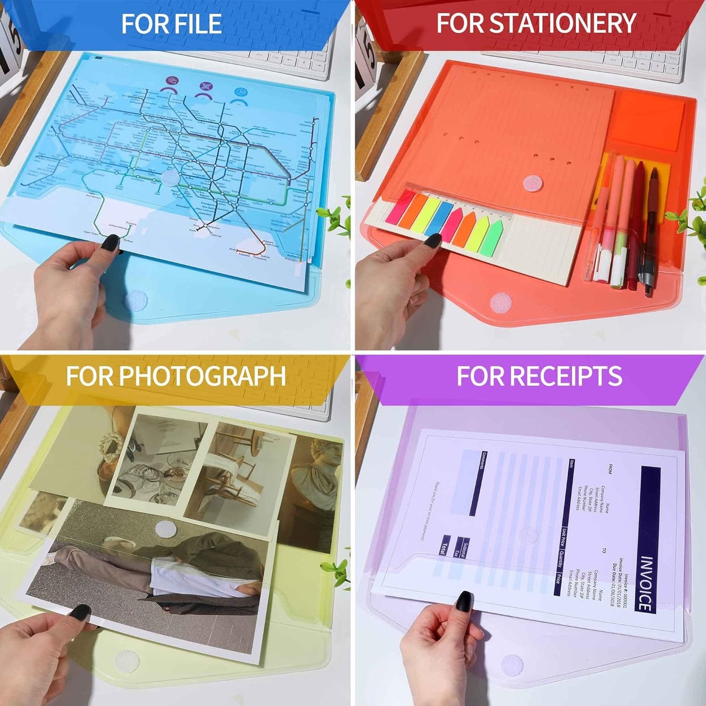 LEOBRO Plastic File Folders for Documents, 6 PCS Plastic Envelopes, Reusable Clear File Folders File Bags Document Holder, A4 Size