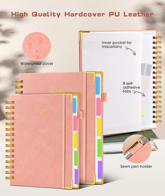 Hardcover Spiral Notebook Journal with Removable Dividers Tabs, 300 Pages Leather 5 Subject Notebook College Ruled, 8"x10" Large B5 Notebooks for Work School Note taking, Lined Journal for Women, Pink