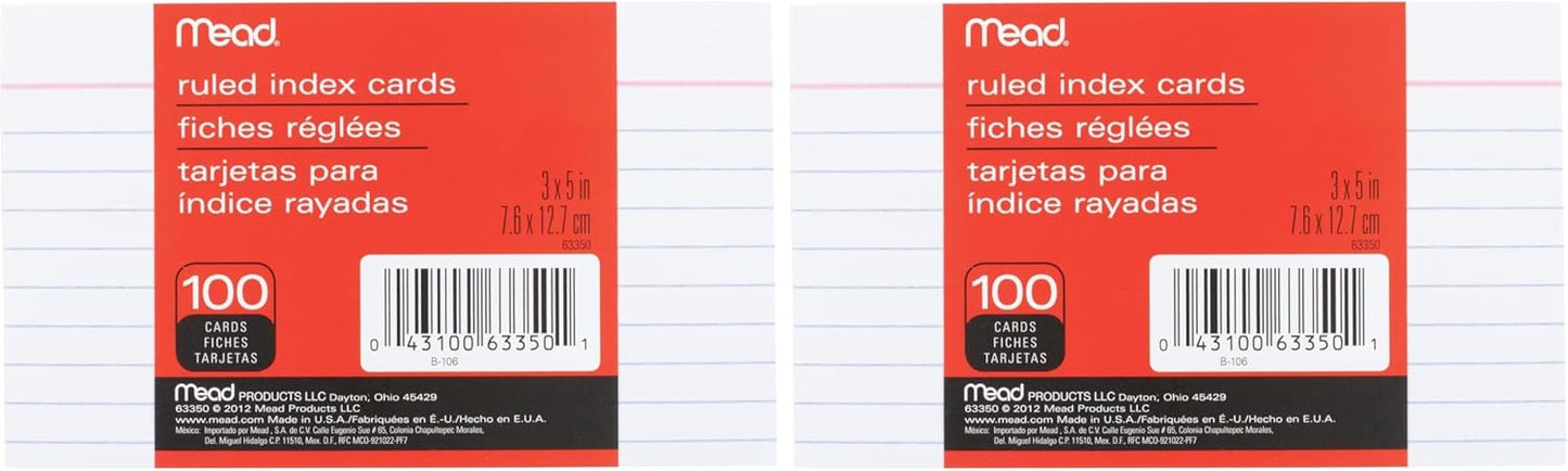Mead Lined Index Cards, Note Cards, Ruled, 100 Count, 3" x 5", White (63350)