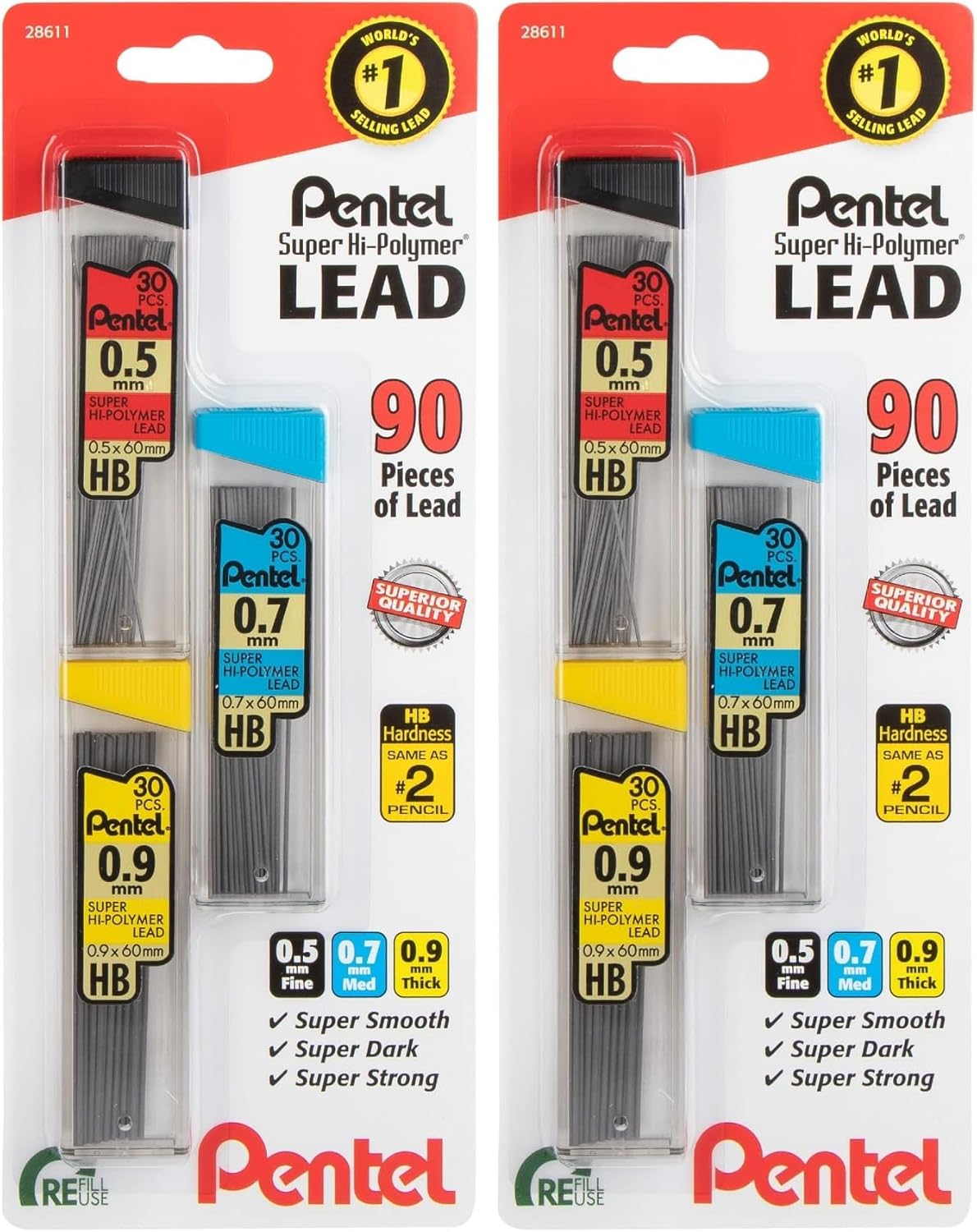 Pentel Super Hi-Polymer Mechanical Pencil Lead Refill - 0.5mm, 0.7mm, 0.9mm - 90 Lead refills (30 of Each Size)
