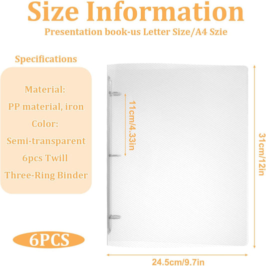 6 Pack Plastic 3 Ring Binder, Flexible Round Ring Presentation Binders, Refillable Binder, 3 Rings Binders with Clear Cover(O-Ring,1 Inch), Can Hold 120 Sheets of A4 Paper