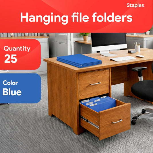 Staples Hanging File Folders, Letter Size, Blue, 5‑Tab, 1/5‑Cut Tabs, Includes Tabs & Inserts – 25/Pack