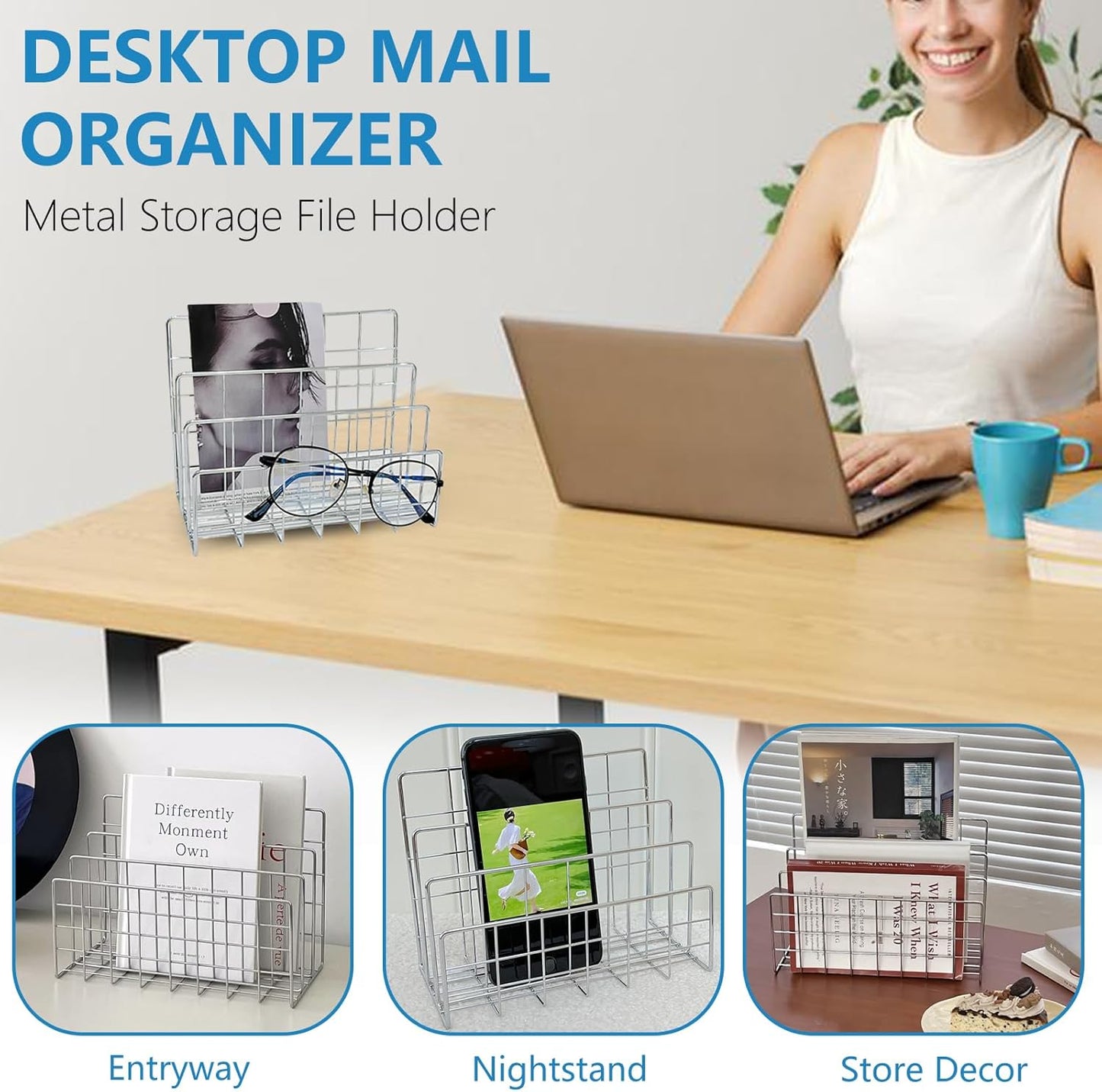 Silver Metal Desktop Organizer – 4-Slot Wire Mail Sorter, Minimalist Iron Art File Holder, Multi-Purpose Book Rack & Letter Organizer for Office, Home & School