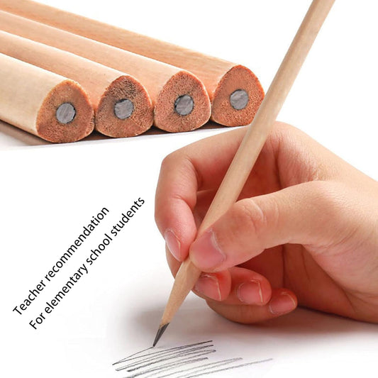 Buspoll 10 Stick HB Pencils Unpainted Natural Wood Grain Triangular for Kids Stationery