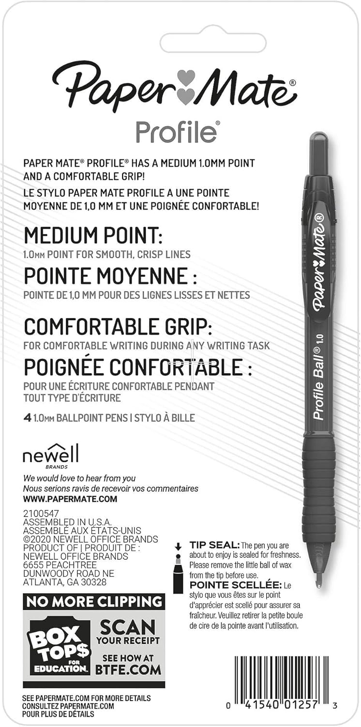 Paper Mate Profile Ballpoint Pen, Retractable, Medium 1 Mm, Black Ink, Translucent Black Barrel, 4/pack