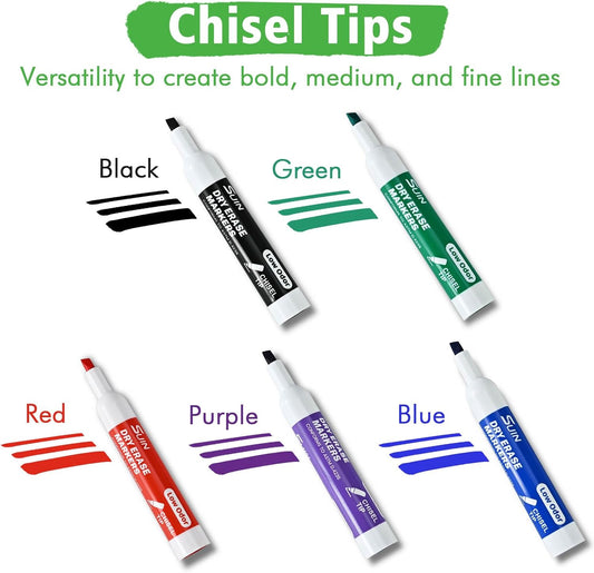 SUIN Dry Erase Markers, Chisel Tip Whiteboard Markers for Classroom and Office, Broad & Fine Lines, Wipe Clean & Ghost-Free, Works on Glass and Laminated Sleeves, Assorted 12 Colors, 36 Count