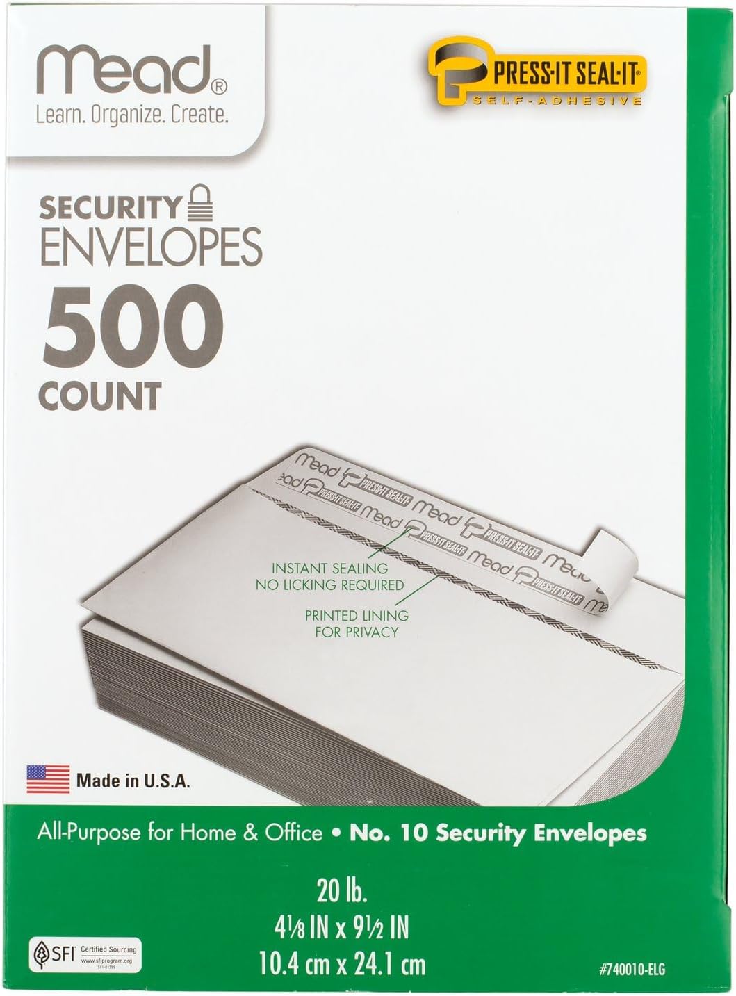 Mead #10 Security Business Envelopes Letter Size 4-1/8" x 9-1/2" – Peel and Seal, Privacy Lined, No-Window, Press-It Seal-It Self-Adhesive for Home & Office Mailing, 45 Count (75026)