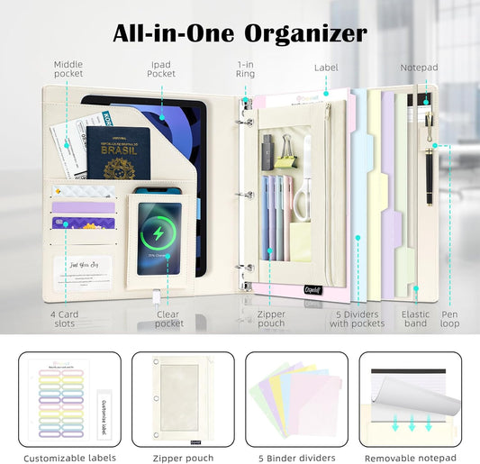 Ospelelf Glitter Leather Clipboard Binder 1 Inch, Magnetic Clipboard Folio Organizer with 5 Pocket Dividers & Zipper Pouch, Cute 3 Ring Document Organizer Binder for Office, Glitter Pink