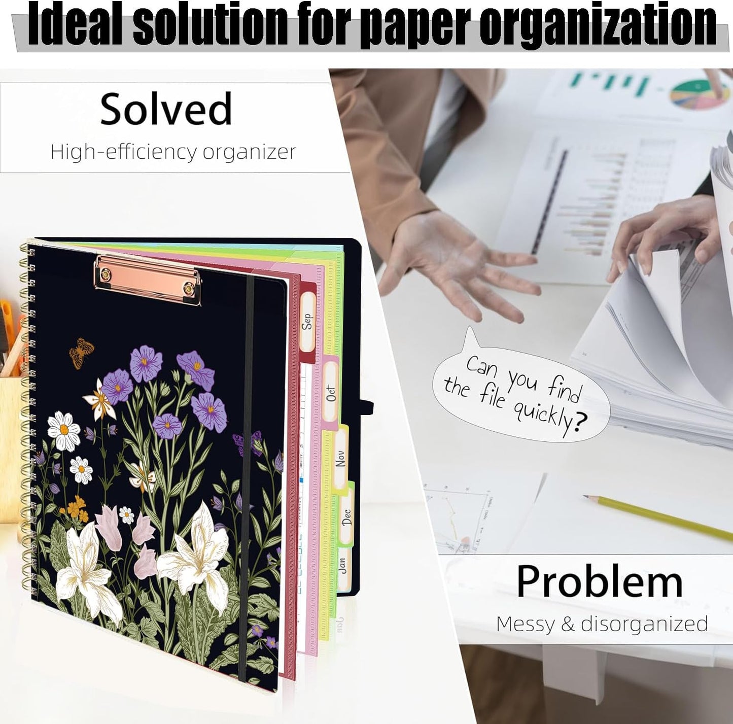 Grey Foldable Spiral Clipboard Folio with Storage Zipper Pouch, 5 Plastic Folders with Pockets,Refillable Lined Notepad (8.5" x 11"), Hardcover Project Organizer with 39 Stickers