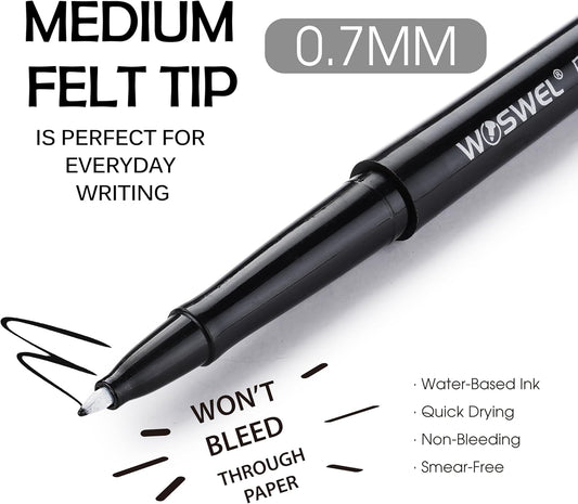 WOSWEL Black Felt Tip Pens, 32 Black Pens, 0.7mm Medium Point Felt Tip Markers Pens for Journaling, Note Taking, Planner, Writing,Drawing.Perfect for Art Office and School Supplies