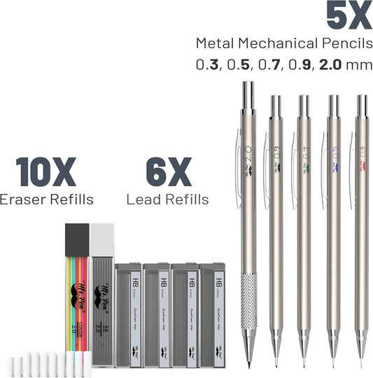Mr. Pen- Metal Mechanical Pencil Set with Lead and Eraser Refills, 5 Sizes, 0.3, 0.5, 0.7, 0.9, 2mm, Drafting, Sketching, Architecture, Drawing Metal Mechanical Pencils