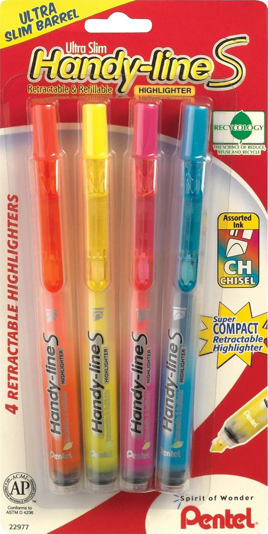 Pentel Handy-Line S Retractable Highlighter, Chisel Tip, Assorted Ink Colors, 4/ Pack (SXS15BP4M)