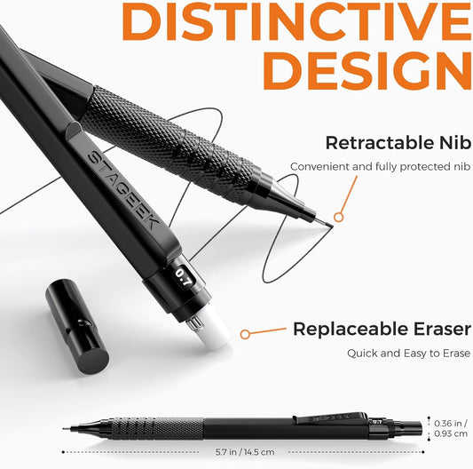 STAGEEK 21PCS Metal Mechanical Pencil Set, Art Lead Pencil 0.3, 0.5, 0.7, 0.9, 2mm Holder(HB 2H 2B 4B Color) with 10 Tubes Graphite Lead Refills Eraser with Case for Drafting Drawing Sketching