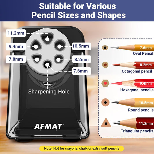 AFMAT 6-Hole Electric Pencil Sharpener Heavy Duty, Pencil Sharpener for Classroom, Cordless &Rechargeable, Colored Pencil Sharpeners for 6-11mm Pencils, Auto Stop, Super Fast, 10,000+ Sharpenings PSD1
