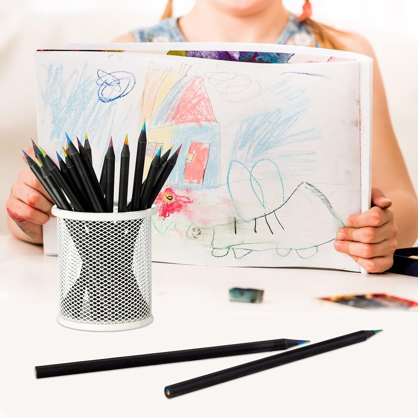Teling 100 Pcs Rainbow Pencils for Kids, 7 in 1 Black Wooden Rainbow Multicolor Pencils Bulk School Classroom Art Supplies for Kids Adults Coloring Sketching Drawing