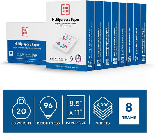 TRU RED 8.5" x 11" Multipurpose Paper, 20 lbs., 96 Brightness, 500 Sheets/Ream, 8 Reams/Carton