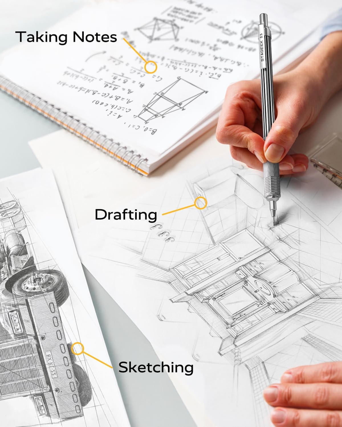 STAGEEK 0.7mm Mechanical Pencil with Metal Gift Case, 1PCS Metal Mechanical Pencil with 120Pcs HB Lead Refills,4B Erasers and 9PCS Eraser Refills, for Writing Drafting Drawing and Sketching(Gold)