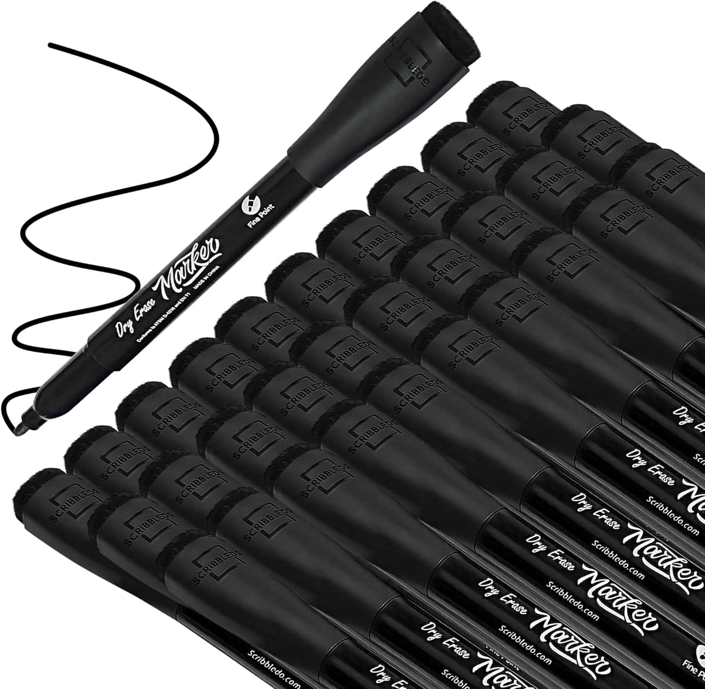 Scribbledo 36-Pack Black Fine Tip Dry Erase Markers with Eraser Cap | Low-Odor Whiteboard Markers for Office, Workplace, Medical & Professional Use