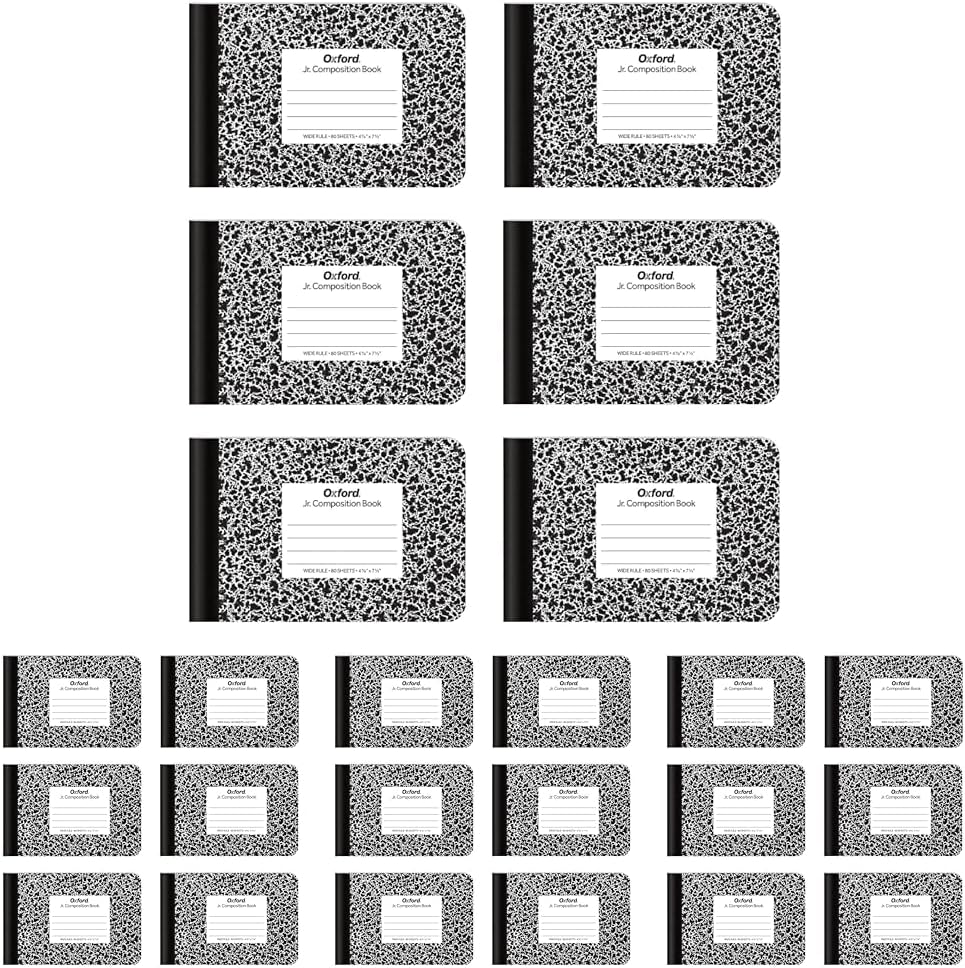 Oxford Jr. Composition Notebooks, School Supplies, Notebooks for School, Half Size, 4-7/8 x 7-1/2 Inches, Wide Ruled Paper, 80 Sheets, Kids Journal, Black Marble Covers, 6 Pack (63773)