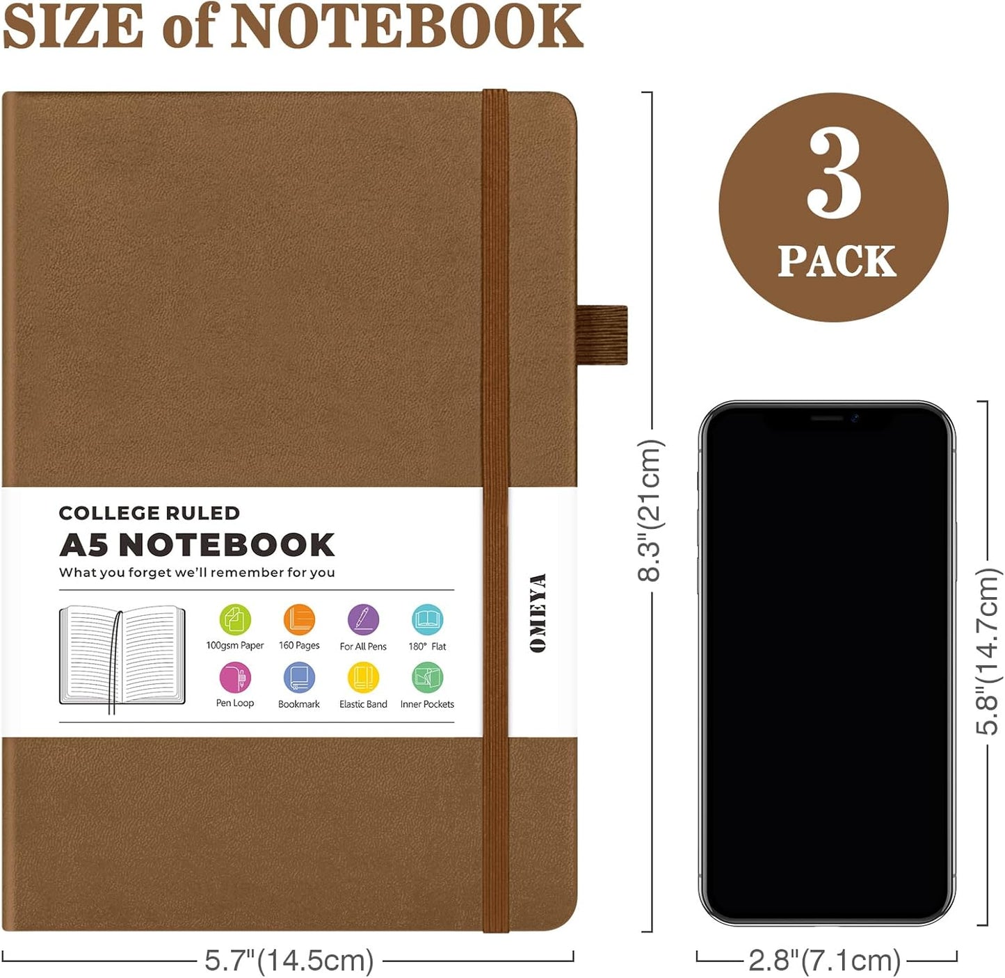 Lined Journal Notebook, 3 Pack A5 College Ruled Notebooks for Work, Hardcover Notebook Each with 2 Pockets & Pen, Leather Journal for Women, Men, 160 Pages, 100GSM Thick Paper (Black, Brown, Grey)