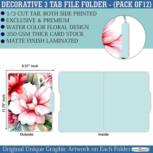 PARTH IMPEX 12 Pack Decorative Floral File Folders, 1/3 Cut Tab with Assorted Positions, Letter Size Paper Holders (9.75” x 11.75”) Matte Finish Laminated, Cute Fancy Folder for Office School Work