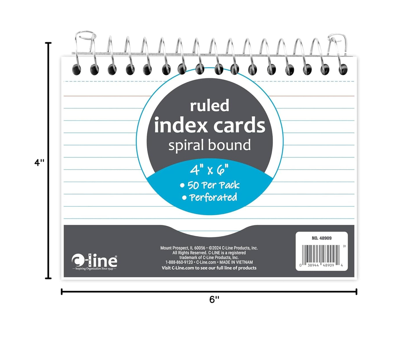 C-Line 4” x 6” Spiral Bound Index Card Notebook, Ruled, 50/PK (48909)