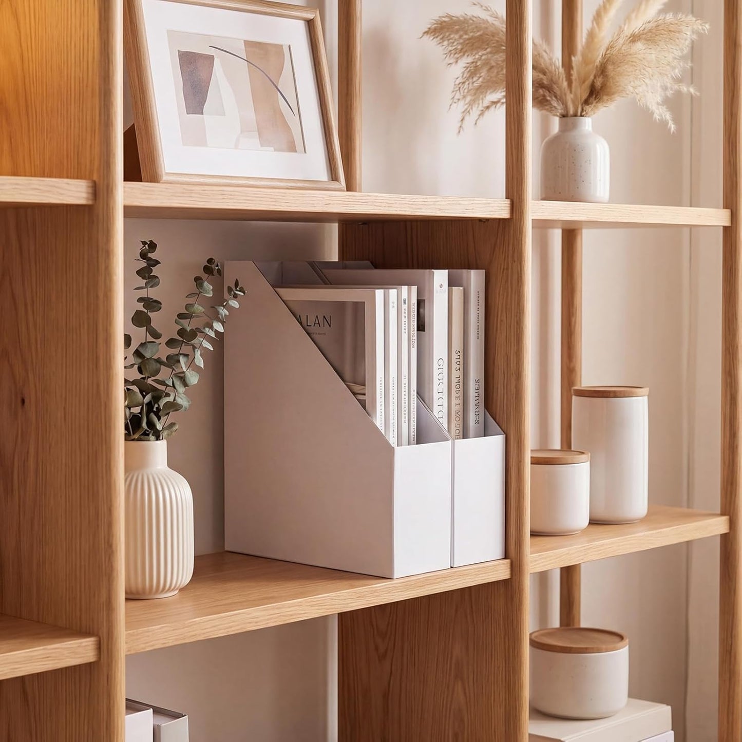 EXYGLO 6 Pack White Magazine File Holder, Cardboard Magazine Rack with Label, Foldable Storage Organizer Box for Book, Documents, 10x3.3x12 Inches
