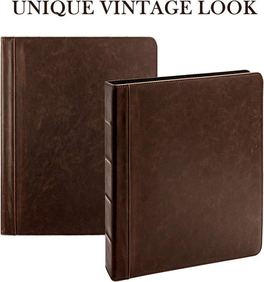 Vintage Professional 3 Ring Binder Organizer, 1-inch Round Rings, 8.5" x 11" Sheet Size, 2 Inner Pockets, 1.6" Spine, Appearance of Antique Brown Leather