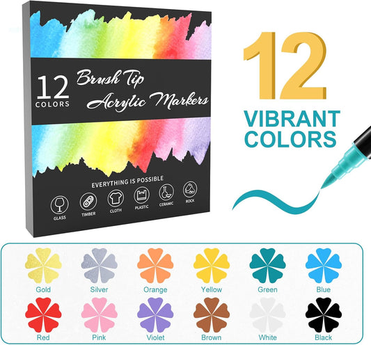 TOSHARE 30 Colors Acrylic Paint Markers, Brush&Fine Dual Tip Acrylic Paint Pens for Rock, Wood, Paper, Fabric, Canvas, Glass, Ceramic, Egg, Scrapbook and DIY Crafts Supplies-Teacher Appreciation Gift