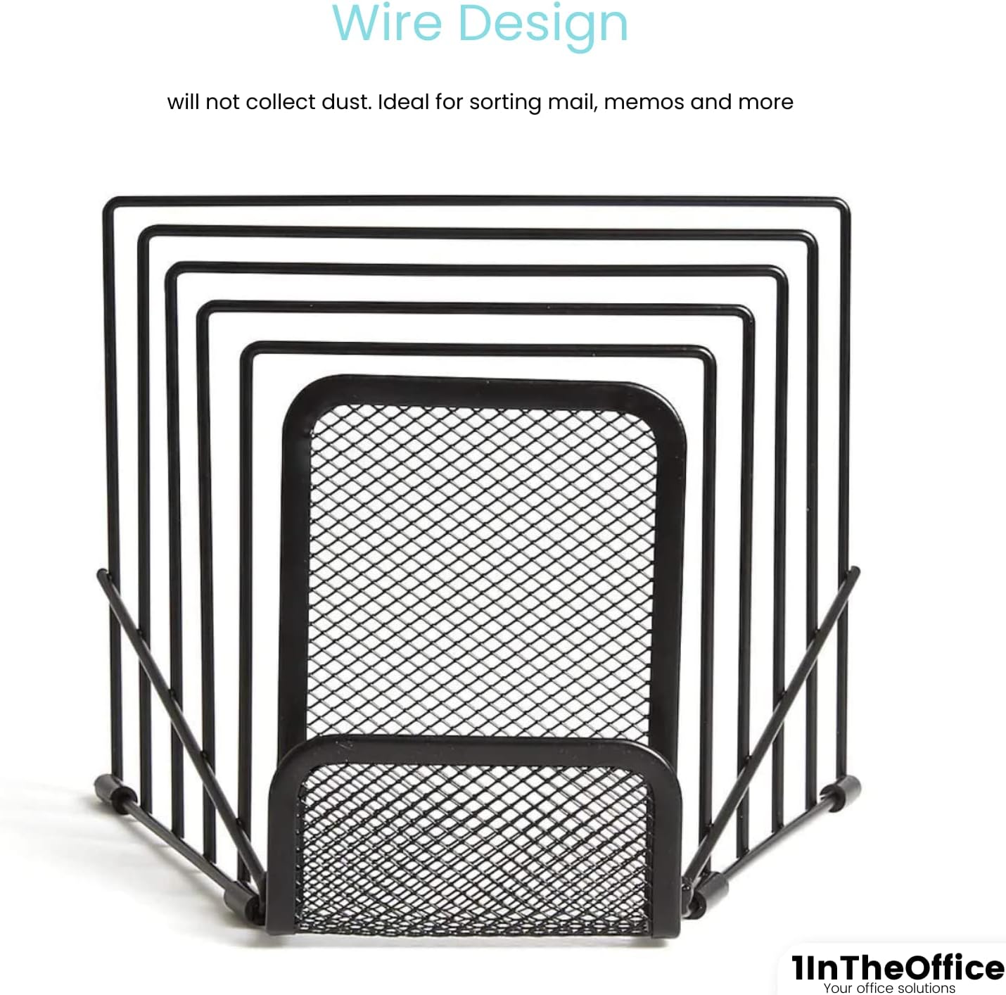1InTheOffice Metal Incline Desktop File Sorter, Black Wire Mesh Step Sorter, 6 Compartments