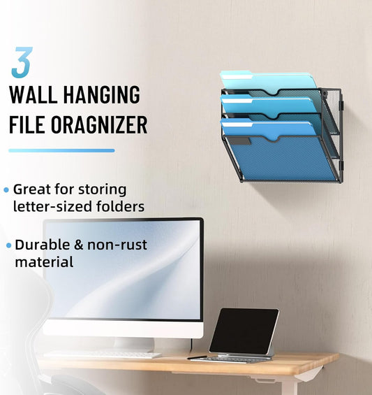 SUPEASY 7-Tier Mesh Wall File Holder, Hanging Wall File Organizer, Office Organization for Papers, Mails, Folders, Files Clipboard Magazine Rack, Black