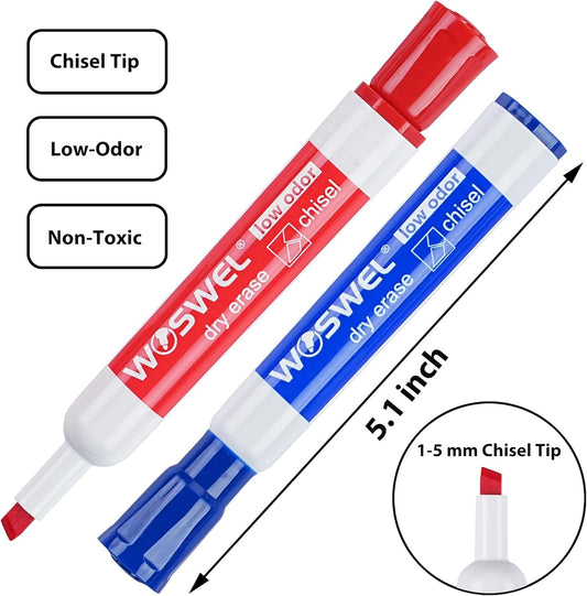 WOSWEL Dry Erase Markers, Chisel Tip Whiteboard Markers, Low Odor Thick Dry Markers, 50 Bulk 5 Assorted Colors (Black/Blue/Red/Green/Purple) for Teachers, Classroom, Office & Home Use