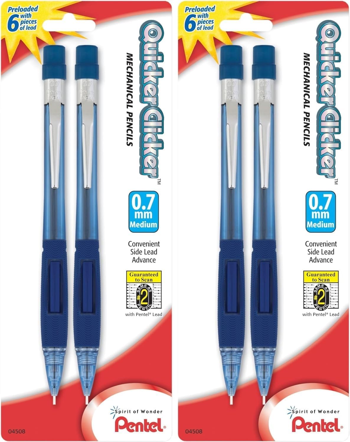 Pentel Quicker Clicker Mechanical Pencil, (0.7mm), Transparent Blue Barrel, Pack of 2 (PD347BP2-K6)