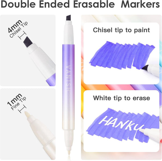 HANKU Erasable Highlighters Assorted Colors 12 Pack, Dual Tip Erasable Markers Pens, Chisel Tip Smooth Writing Highlighters Journaling Supplies Planner Accessaries